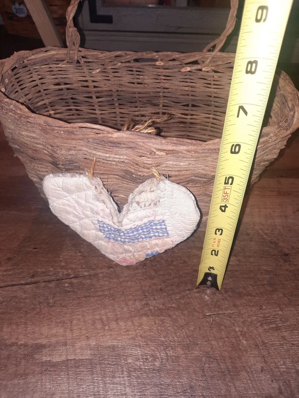 Rustic Woven Brown Basket with Quilt Heart Accent
